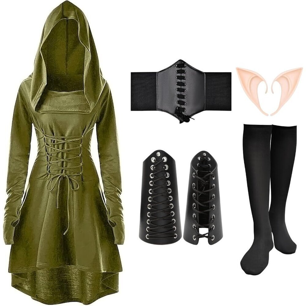 Women Renaissance Costume Set Medieval Hooded Dress Accessories Versatile